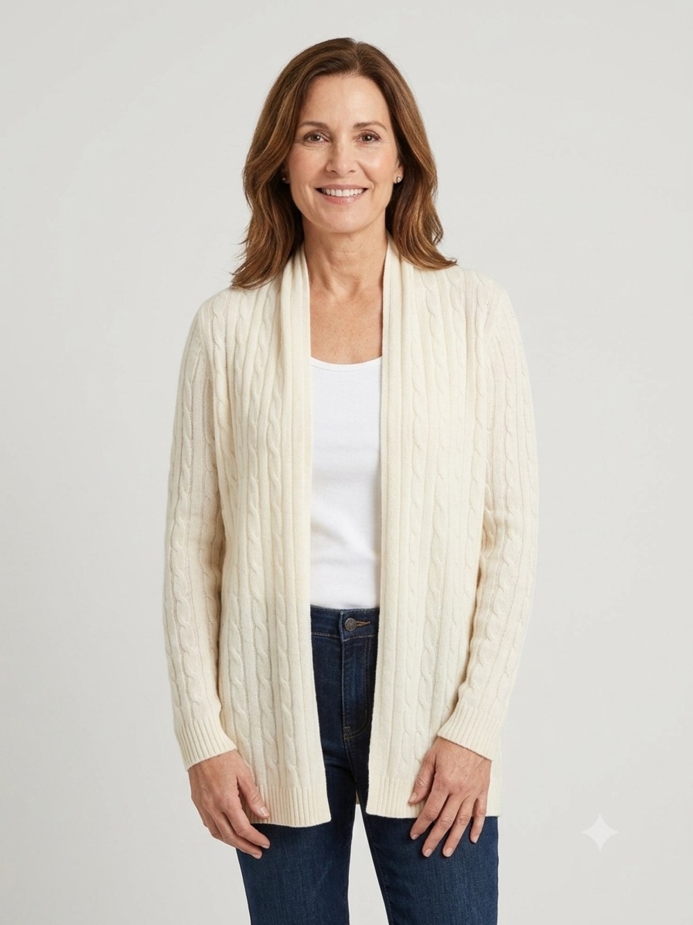 White + Warren Sz XS Off White Cashmere Cable Knit Open Front Cardigan Sweater